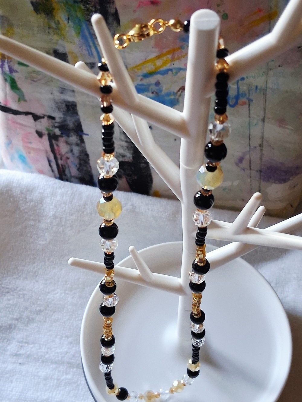 Elegant Black, Gold & Crystal Beaded Necklace And Earring Set